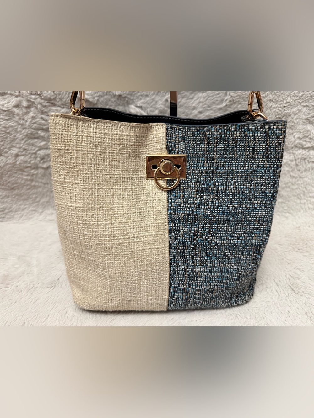 Cream and Blue Tweed Two-Tone Small Tote with Gold Ring Accent